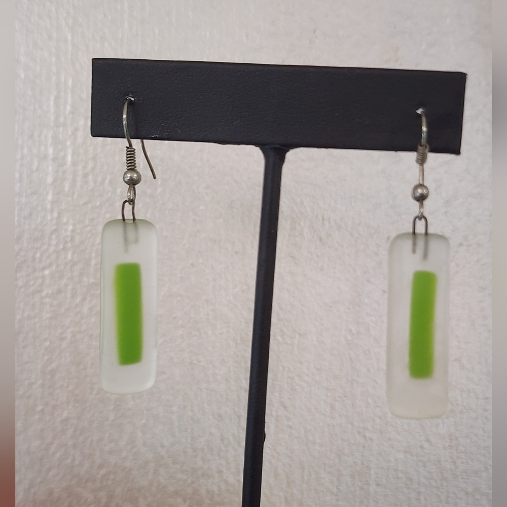 Handmade Fused Glaass Rectangle Earrings White Base Green Center